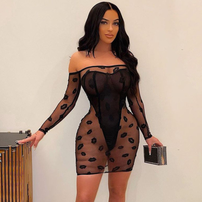 Sexy women's dress lip gauze see-through dress one shoulder dress D2411627