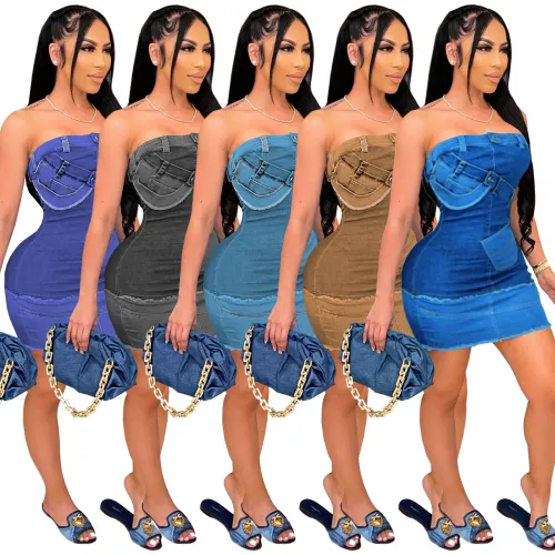 New women's strapless dress sleeveless sexy imitation denim dress SZ813849