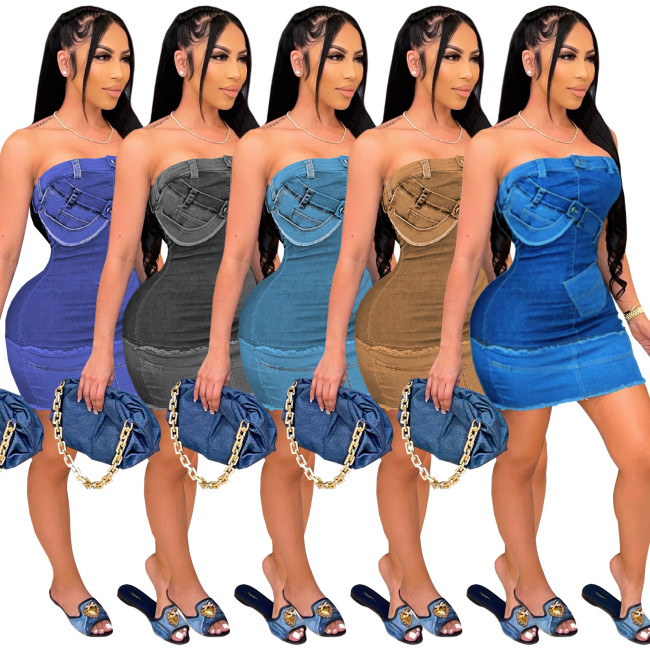New women's strapless dress sleeveless sexy imitation denim dress SZ813849
