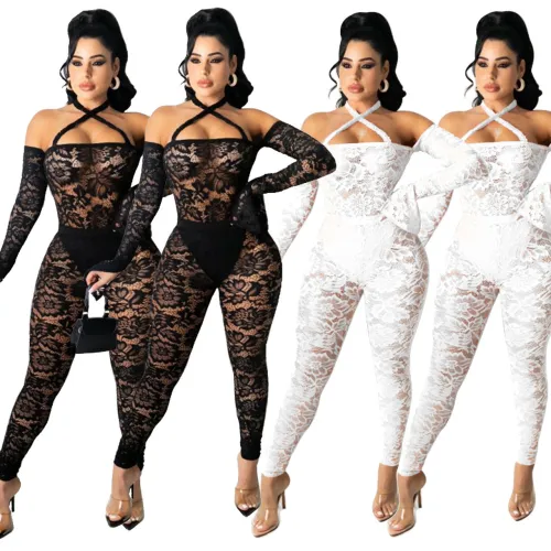 Fashion women's gauze see-through sexy lace two-piece set Q21S80112
