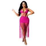 New sexy women's solid color knit hollow-out casual bikini dress See through sets TS116677