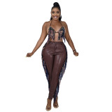 New tassel suspenders PU leather pants sexy trend tight women's suit 21480