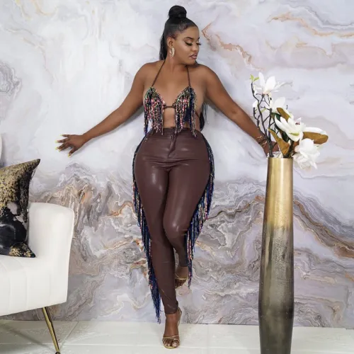 New tassel suspenders PU leather pants sexy trend tight women's suit 21480