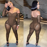 New women sexy suspenders pleated see-through pants jumpsuit Bodysuits C5389910
