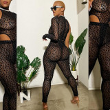 New women's leopard print mesh jumpsuit pants casual suit  See through sets Q21ST12839