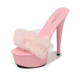New rabbit hair high heels summer ultra high heels slippers 866172-10