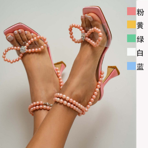 New Pink white basket Green yellow foreign trade pearl butterfly knot rook silk satin thin high heel sandals female heels