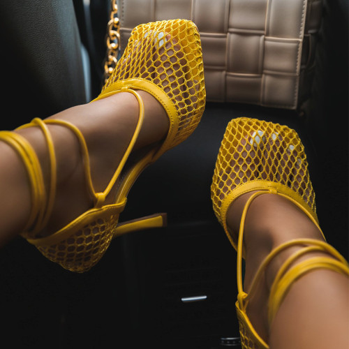 Summer sandals new yellow white black fashion mesh square photo Heles wedding shoe women's large size