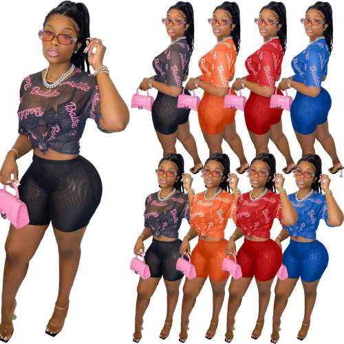 Mesh suit 2022 summer dress letter printing European and American cross-border sexy women's perspective short-sleeved shorts two-piece set