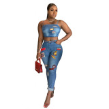 women's sexy new cartoon patch flanging jeans suit