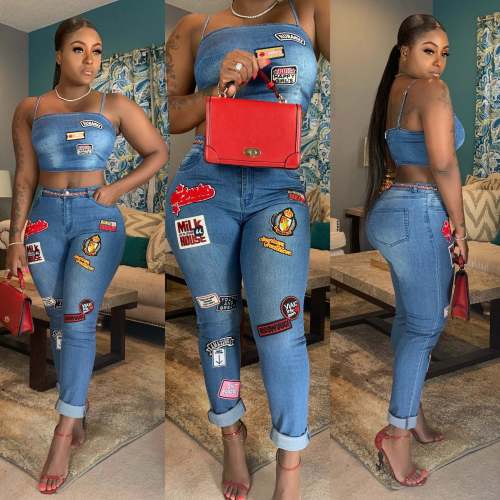 women's sexy new cartoon patch flanging jeans suit