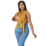 women's new solid color shawl low-cut short top sexy knotted sweater Tops