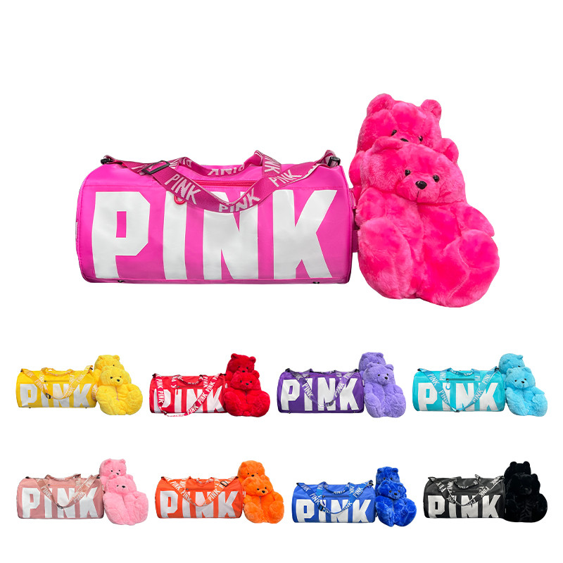 Brand Designer Pink Duffel Bag With Teddy Bear Slippers Matching Set 2022 Hot Sales Winter Plush Shoes With Bag Set For Women