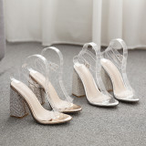 101359 #Shoes Woman Fashion Runway Show Shoes PVC Clear Peep-Toe Rhinestone Coarser High Heels Summer Sandals Plus