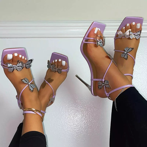 Purple Sandale/Talon Femm New Square Toe Fashion Stiletto Butterfly Heels for Women