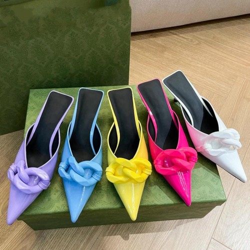 Candy Color Pointed Toe Mules Chain Low Slippers Lady Heels for Women