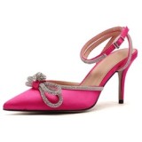 Silk Material Talons Haut Sexy Escarpins High Quality Trendy Cover Toe Crystal Diamond Bow Heels for Fall and Spring