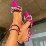 Silk Material Talons Haut Sexy Escarpins High Quality Trendy Cover Toe Crystal Diamond Bow Heels for Fall and Spring