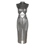 Hollow Out Shiny Maxi Dress Y2K Mock Neck Off the Shoulder Hole Corset Split Hip Skirt Sexy Party Clubwear Hipster Vestido