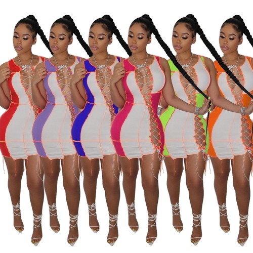 Ladies Summer Casual Fashion Lace-up Cut Out Color Blocking Patchwork Luxury Night Club Bodycon Stylish Sexy Dress For Women