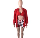 Q6623 Women bra top and high waist shorts flora print summer 2 Piece short Set with cardigan shirt