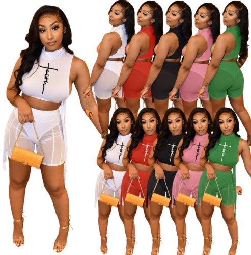 Women Outfit bandage hollow top with mesh shorts faith print summer Mesh Two Piece Shorts Set