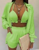 Q6623 Women bra top and high waist shorts flora print summer 2 Piece short Set with cardigan shirt