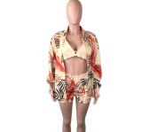 Q6623 Women bra top and high waist shorts flora print summer 2 Piece short Set with cardigan shirt