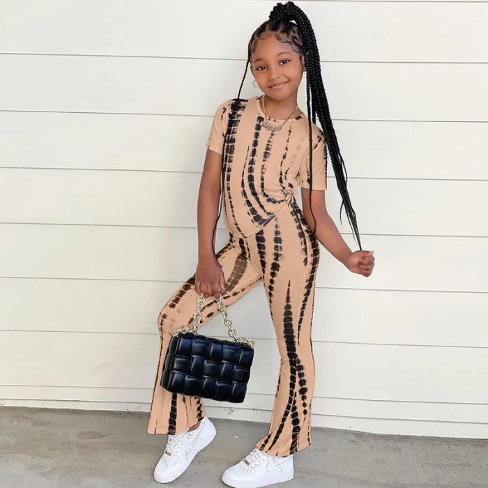 Wholesale Boutique Kids Clothes 2022 Fashion Tie Dye Short Sleeve T Shirt Flare Pants Summer Girls Clothing Sets