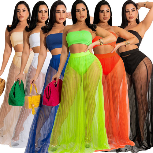New Style Summer Night Club Dress Sexy Crop Top See Through Mesh 2 Piece Set Beachwear Maxi Women Dress 2022
