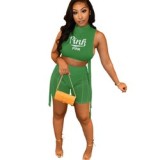 Women Outfit bandage hollow top with mesh shorts faith print summer Mesh Two Piece Shorts Set