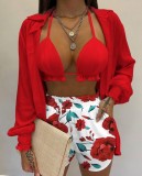 Q6623 Women bra top and high waist shorts flora print summer 2 Piece short Set with cardigan shirt