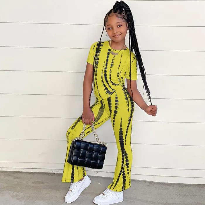 Wholesale Boutique Kids Clothes 2022 Fashion Tie Dye Short Sleeve T Shirt Flare Pants Summer Girls Clothing Sets