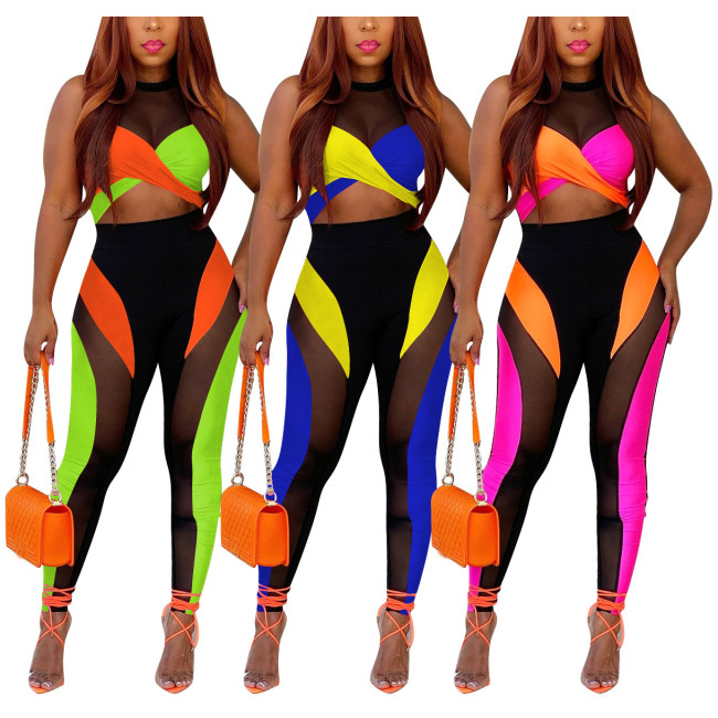 FS7995D women sexy summer color blocking mesh pants sets