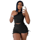 x20402 Tank Top Drawstring High Waist Zipper Short for women Solid Women Sets sexy Two Piece Sets Pleated casual 2 piece set