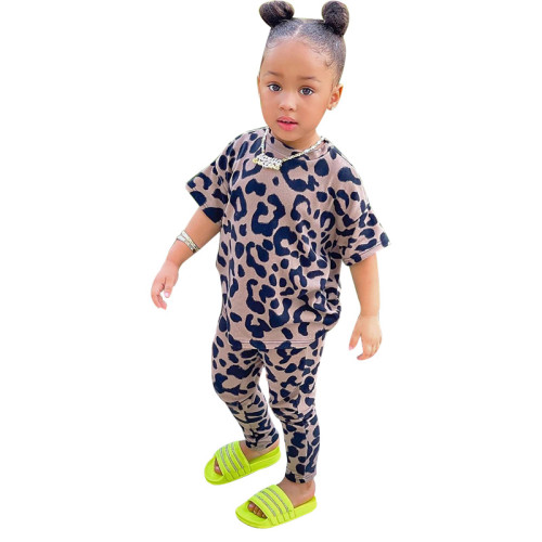 Summer Leopard Print Mommy And Me Outfits Fashion Baby Girls Short Sleeve Top Legging Pants Kids Clothing Sets