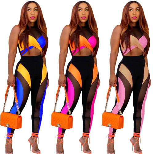 Active Sports Two Piece Set Women Party Suit Sexy Mesh Crop Tank Patchwork Legging Long Pants Tracksuit Street Matching Outfits
