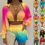 Q6623 Women bra top and high waist shorts flora print summer 2 Piece short Set with cardigan shirt