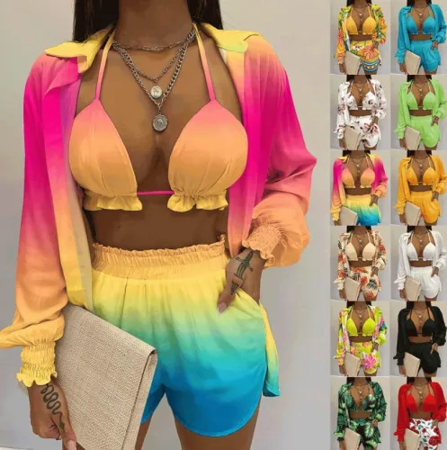 Q6623 Women bra top and high waist shorts flora print summer 2 Piece short Set with cardigan shirt