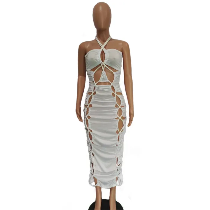 CY9293 Sexy summer designer pleated cut out dress long dresses women maxi casual bandage dress