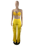 BM7428 Fashion sexy two piece sets women tie up wide leg pants flare pants with bralette crop top