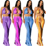 Summer sexy women sets two piece printed crop top halter with wide leg pant