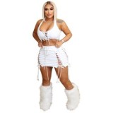 Sexy hollow out tie up mini club outfits skirt sets women 2 piece outfits with crop top tank top