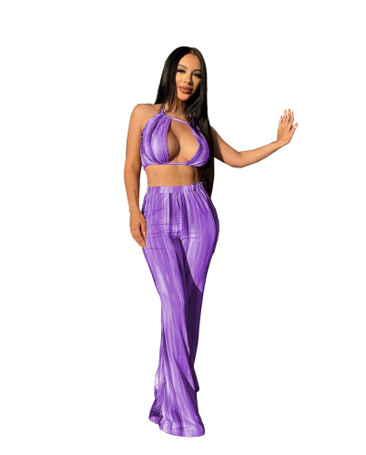 Summer sexy women sets two piece printed crop top halter with wide leg pant
