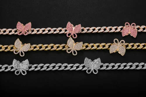 Hip hop punk miami diamond butterfly cuban link necklace cuban necklace cuban link bracelet