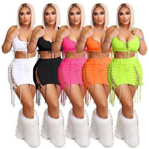 Sexy hollow out tie up mini club outfits skirt sets women 2 piece outfits with crop top tank top