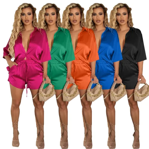 Solid color loose casual summer set 2 piece women short set clothing with short sleeve silk blouse