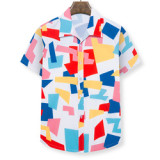 Fashion  Design Wholesale Short Sleeve Summer Breathable Beach Style Digital Print Geometry Sublimated Polyester T Shirt For Men