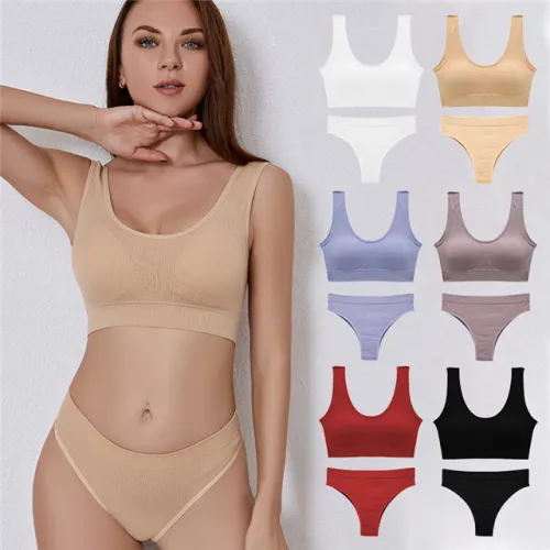 1601 Teenagers Seamless Women Thong Panties Wire Free High Waist Girls Soft Crop Top Ribbed Seamless Set Bra