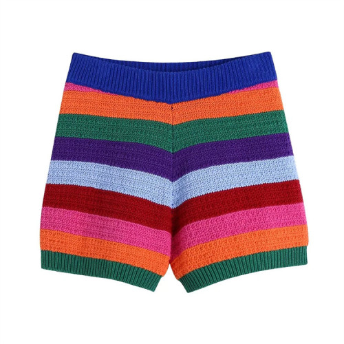 Factory Customized OEM Rainbow Striped Shorts Two Piece Set Women's clothing summer Beach Knitted Cotton Vest Suit women